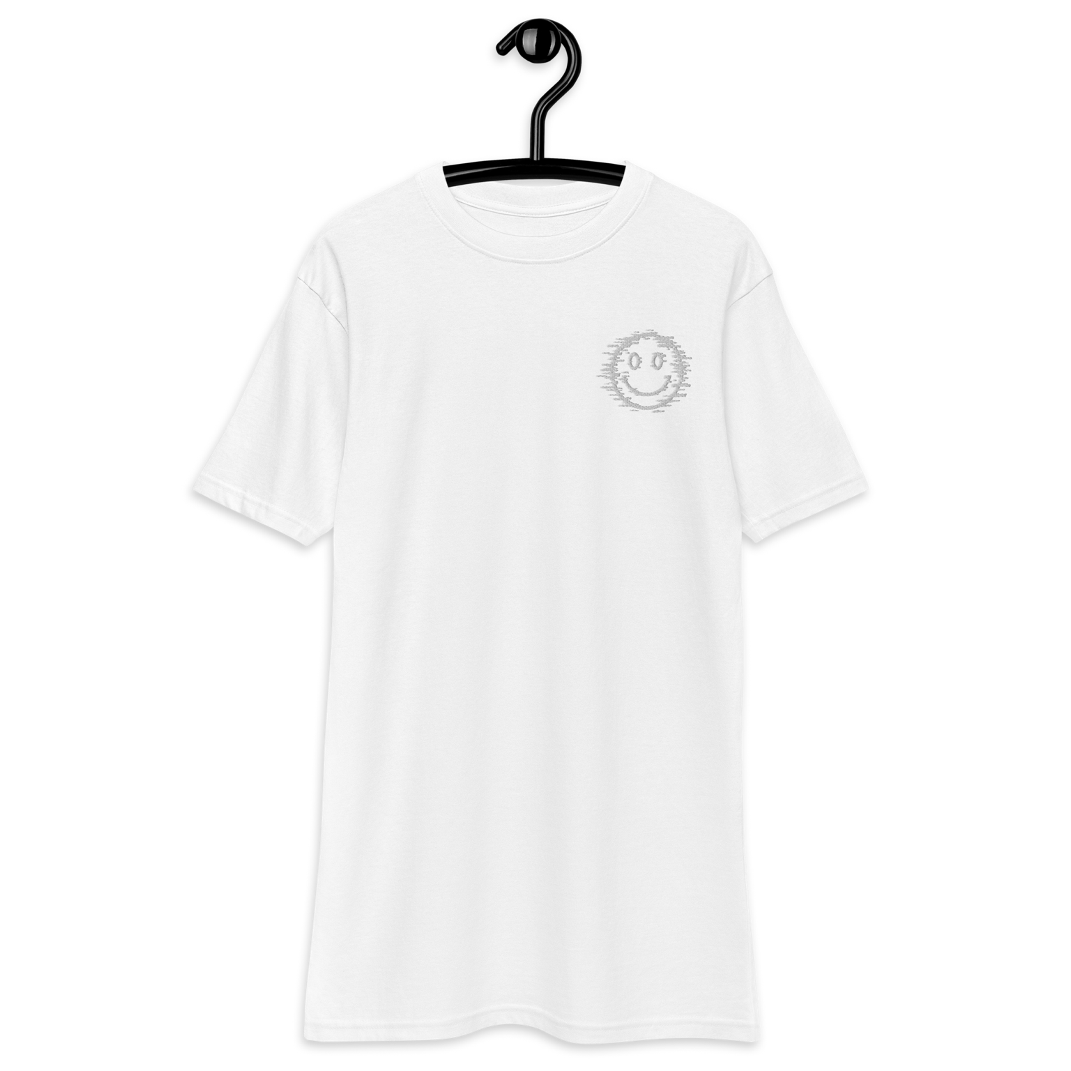 Front view — Mr Happy embroidery on white premium heavyweight tee